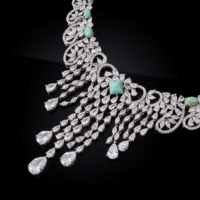 00141 Collier à pampilles longues en laiton avec zircone cubique turquoise, collier statement pour femme, bijou de cou pour mariée, mariage et fête