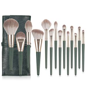 Customized Logo Material Packaging Wholesale Makeup Brushes <strong>Set</strong> 14PCS Green Synthetic Makeup Brushes Vegan Face - Product Image 1