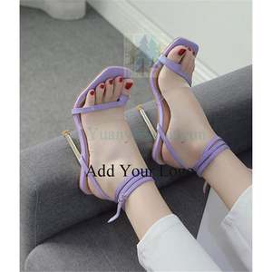 Tendance été grande taille dent talon haut sangle croisée bout carré violet talons aiguilles sandales pour femmes - Product Image 5