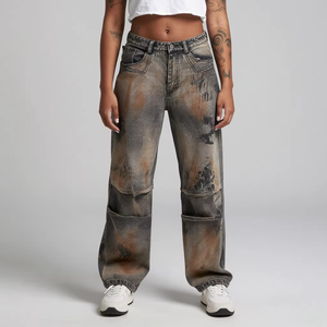 Jean droit vintage délavé et teint à la <span class=keywords><strong>boue</strong></span>, effet 3D plissé, haute qualité, sur mesure pour homme, coupe baggy pour homme, design pour femme - Product Image 1