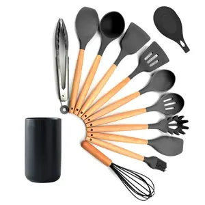 Ensemble d'ustensiles de cuisine en Silicone avec manche en bois, spatule, cuillère, 12 pièces
