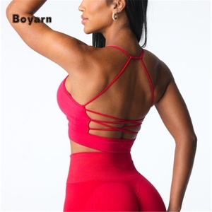 Boyarn alto elástico transpirable sin espalda Sexy Activewear sujetador ropa deportiva sin costuras Cruz cordón espalda diseño Crop Top - Product Image 2