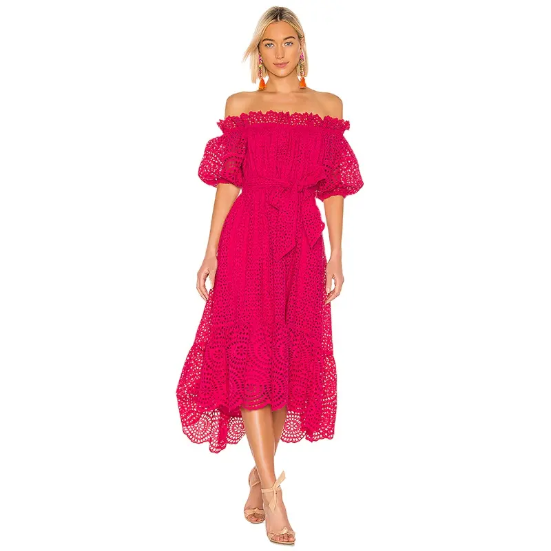 Fuchsia Embroidered Eyelet Cotton Dress Puff Sleeve Off the Shoulder 100% Cotton Midi Dress