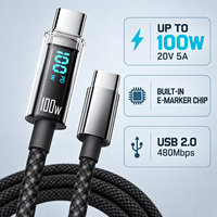 En stock, câble de charge rapide USB-C vers USB-C 100W 5A avec affichage numérique LED, tressé en nylon, vente en gros