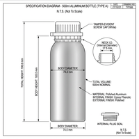 Bouteille en aluminium poli de 500 ml avec grand bouchon de sécurité blanc de 74 mm de diamètre pour huiles essentielles et parfums