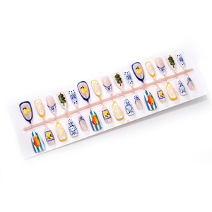 Faux ongles en gel souple faits main, motif été méditerranéen, amande, citron 3D, poisson, olive, bleu floral, pour vacances à la plage - Product Image 5