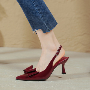 Haut Talons Trendy Wine <b>Red</b> Color Sexy Slingbacks Fancy Bow <b>Heels</b> for Ladies - Product Image 5
