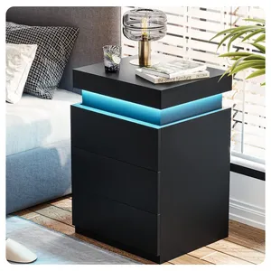 Black Bedside Table With 3 Drawers 4 Sides High Gloss Led Bedside Cabinet With 16 Colours Side Cabinet Nightstand For Bedroom