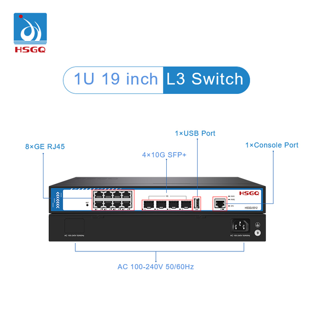 HSGQ-5512 12 Port  8*GE + 4*10G SFP+ 1*USB + 1*Console Port Managed Fiber Switch Suitable for Hotels Banks L3 Managed Switch