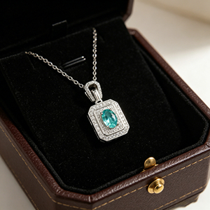 S925 Silver Paraiba Color Green Garnet <b>Necklace</b>, <b>Double</b> Halo CZ Pendant, Women's Fine Jewelry-V - Product Image 3