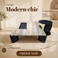 Ensemble de tables basses asymétriques contrastées, comprenant une table principale grand format à panneaux jet et une table d'appoint étroite et mince de style salon