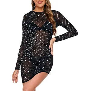 Đen Rhinestone ngọc trai trong suốt sexy lưới xem qua Mini Dress đối với phụ nữ