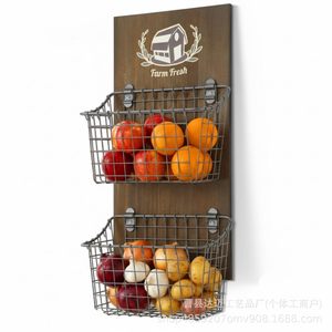 Wooden Wall Mounted Fruit And Vegetable Storage Rack Double Layer Metal Basket Kitchen <b>Potato</b> Onion Organizer - Product Image 1