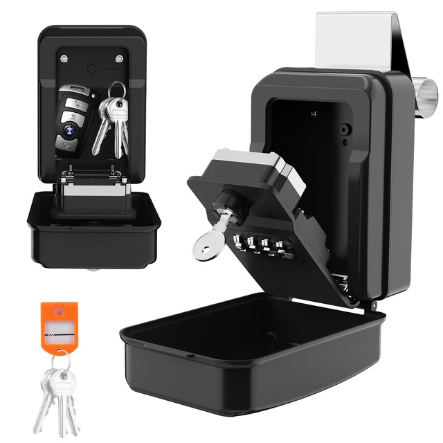 Outdoor Key Lock Box Waterproof Resettable Combination Lockbox with Spare Key Large Capacity Lock Box Portable Black Lock Box
