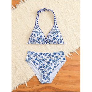 FOXA Girl's 2 Piece Floral Print Halter <b>Bikini</b> High Waisted Swimwear Stretch Spandex Polyester Bathing Suit - Product Image 5