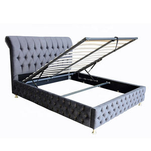 Tête de lit moderne en cuir PU noir, plate-forme à lamelles en bois, élévateur à gaz, cadre de lit avec rangement - Product Image 1