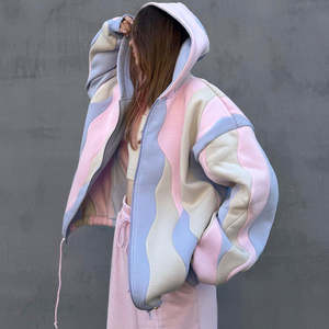 ODM/OEM Women's Luxury Oversize <b>Sweatshirt</b> Heavyweight Organic Cotton Color Block Boxy <b>Full</b> <b>Zip</b> up Hoodie - Product Image 2