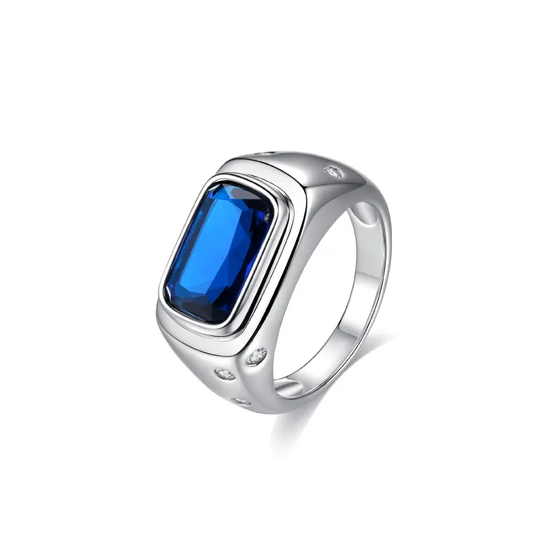 Blue corundum S925 sterling silver ring for men adjustable fashion gemstone trend ring