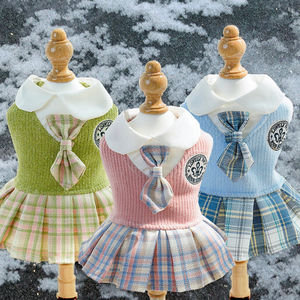Nettes Mädchen weibliches Hunde kleid Winter Frühling Haustier Sommer Kleidung gestreifte feste Muster Polyester Baumwolle Hemd Rock für kleine - Product Image 3