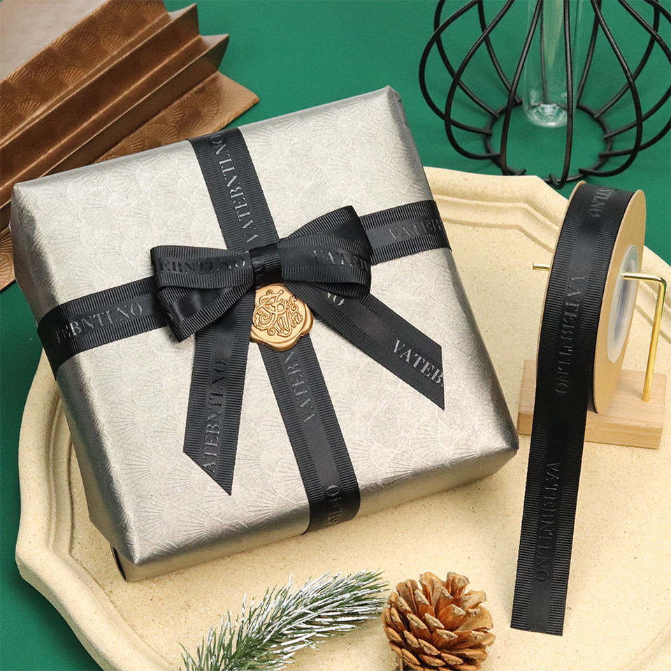 Offset Ribbons Wholesale Luxury Black Grosgrain Edge Satin Ribbon with Black Logo ...