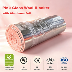 Couverture en <span class=keywords><strong>laine</strong></span> de verre rose avec feuille d'aluminium MBI R11 R13 R15 R19 R21 R25 R30 90mm, sans irritation, faible teneur en poussière, <span class=keywords><strong>pour</strong></span> toitures et murs de bâtiments métalliques en rouleau - Product Image 1