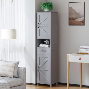 Armoire de rangement haute noire pour salle de bain avec portes coulissantes, meuble de rangement autoportant avec tiroir et compartiment ouvert pour petits espaces - Product Image 1