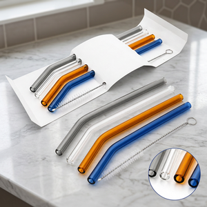 P012-00-00-A Ensemble de pailles à boire en verre borosilicate avec brosse de nettoyage, pailles en verre courbées réutilisables, colorées et transparentes - Product Image 1