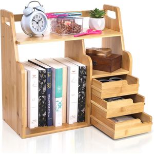 Wooden <b>Desktop</b> Bookcase 3 Tier With Drawers For Desk Storage Organizing Study Supplies <b>Shelf</b> - Product Image 3