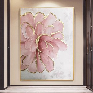 Hand Painted Oil Painting <b>Pink</b> Flower Gold Foil 3D Effect Metal <b>Frame</b> Abstract Art Wall Decor For Living Room Or Dining Room - Product Image 1
