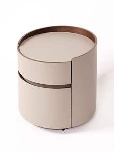 Muebles italianos para dormitorio de hotel, madera maciza y sillín de cuero, mesita de noche redonda, mesa circular, color ahumado - Product Image 3