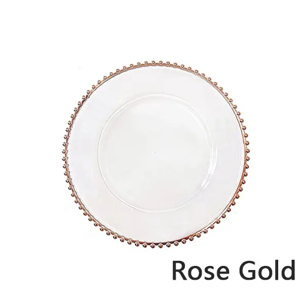 Bán Buôn 13 Inch Bữa Ăn Tối Dưới Tấm Rõ Ràng Nhựa Bạc Bảng Thanh Lịch Đính Cườm Rose Gold Rim Sạc Tấm Cho Đám Cưới