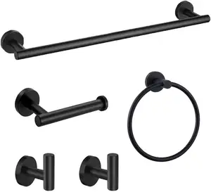 Matte Black Stainless Steel Bathroom Accessories Set 24" Bath Towel Bar Toilet Paper Holder Towel Ring Towel Hooks Wall Mounted