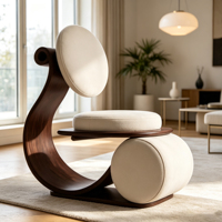 Fauteuil d'appoint vintage en bois massif courbé, rembourré en cuir, chaise longue individuelle pour salon, mobilier de maison
