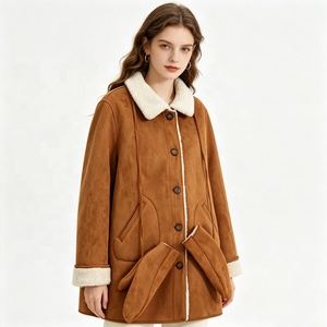 Zeyu Women Camel Faux Suede Shearling <strong>Coat</strong> Mid-Length Button Down Winter Warm Fleece Lined Jacket with Detachable Mitten Cuffs - Product Image 2