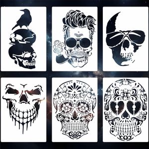 6 Plantillas Reutilizables de Calaveras de PET de 29.7x21cm, Plantillas de Dibujo de Manos de Esqueleto para Manualidades y Artistas, Incluye <span class=keywords><strong>Calavera</strong></span> y Huesos Cruzados - Product Image 1