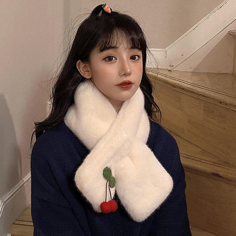 Зимний Корейский маленький плюшевый шарф из искусственного кроличьего меха с вишней, маленький утолщенный Теплый Женский пушистый шарф