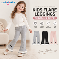 Smiledotkids Pantalons évasés personnalisés pour enfants, gris côtelé, nœud noir, ourlet en dentelle blanche, OEM ODM, vente en gros pour petites filles