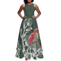 Robe longue élégante en tissu hawaïen sexy, sans manches, sur mesure, fabricant de robes, petites commandes, robe à fleurs Pohutukawa pour femmes