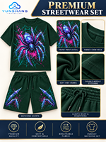 Ensemble deux pièces personnalisé unisexe en coton mélangé respirant, tricoté, imprimé numériquement avec motif loup araignée en cristal, t-shirt et short à cordon de serrage