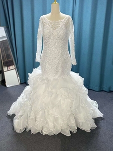 Robe de mariée sirène africaine de luxe moderne 2025 à prix d'usine, manches longues, dentelle perlée, appliques florales, traîne balayante - Product Image 2