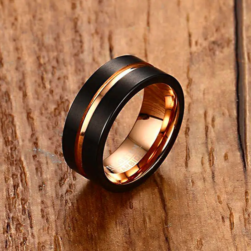 Mens Tungsten Zwart Geborsteld Tungsten Carbide Ring Rose Goud-Kleur Inlay Groef Platte Cut Edge Mannen Trouwringen Mannelijke sieraden