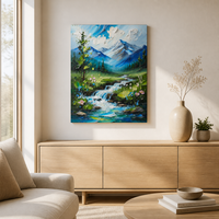 Peinture à l'huile sur toile de coton peinte à la main 40x60cm, motif ruisseau alpin, texture épaisse impasto, art mural pour la décoration intérieure