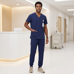 Ensemble de blouses médicales bleu marine pour hommes, en coton et polyester tissé, pantalon et haut à col en V avec poche pour badge d'identification - Product Image 1
