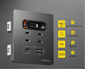 Prise murale YuHe Group avec 2 prises AC, 1 USB-C, 1 USB-A, câble rétractable intégré, style moderne, compatible Wi-Fi, application Smart Life, IP20 - Product Image 6