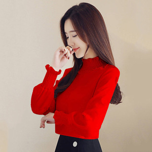 Women's Blouse White Long Sleeve Ruffles High Neck Solid Color Everyday Wear T-Shirt - Product Image 4
