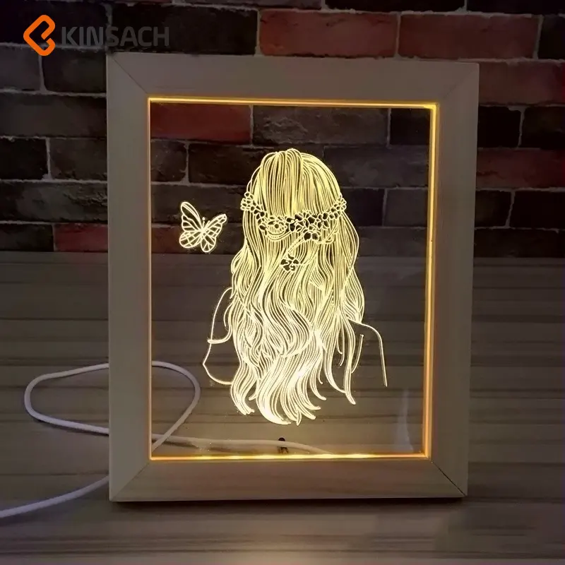 Lampu LED Visual 3D Penjualan Unggulan Amazon Dasar Bingkai Foto Kayu Alami Lampu Malam Ilusi 3D untuk Papan Akrilik