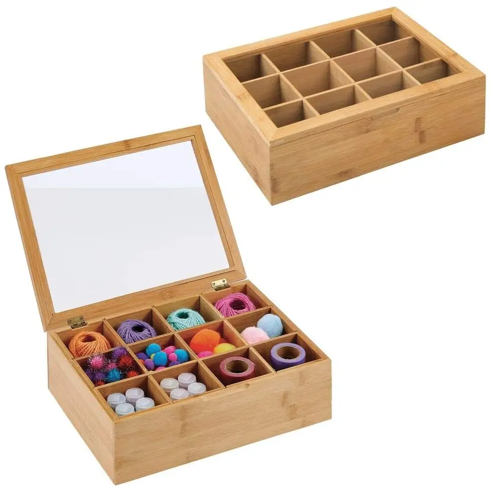 Wooden Craft Storage Organizer Box Natural Bamboo 6 Compartments Coffee Tea Bag Storage Box with Lid