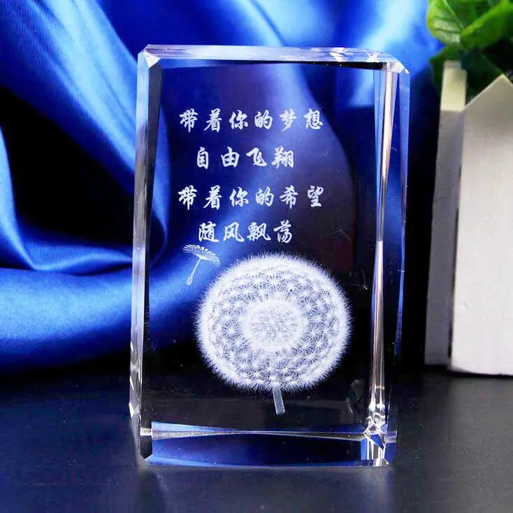 Top quality K9 crystal glass 3d laser engraved dandelion crystal cube blank frames for birthday gift