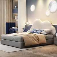 Tête de lit de luxe en cuir Cloud Design avec cadre et dossier rembourrés en cuir, lit pour enfants avec coffre de rangement à vérin à gaz