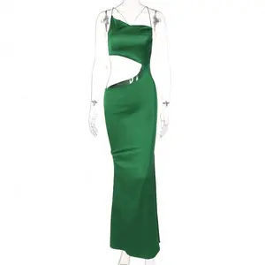 2022 spring and summer new temperament elegant party in the green long satin hollow waist halter dress